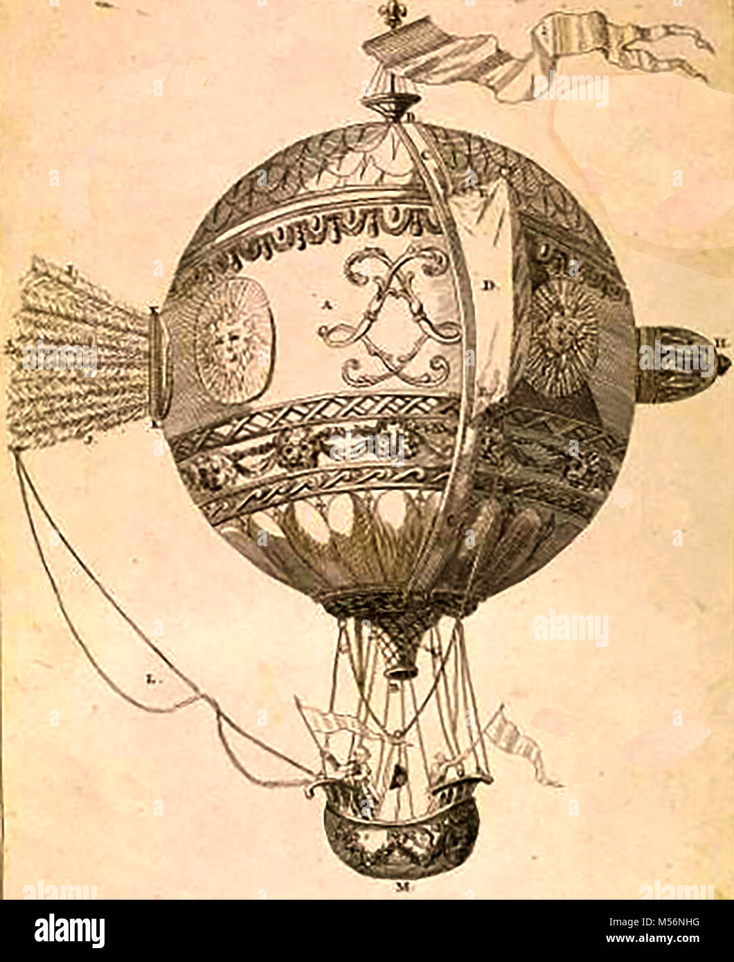historic aeronautics, balloons and flying machines - An early passenger  balloon illustration Stock Photo