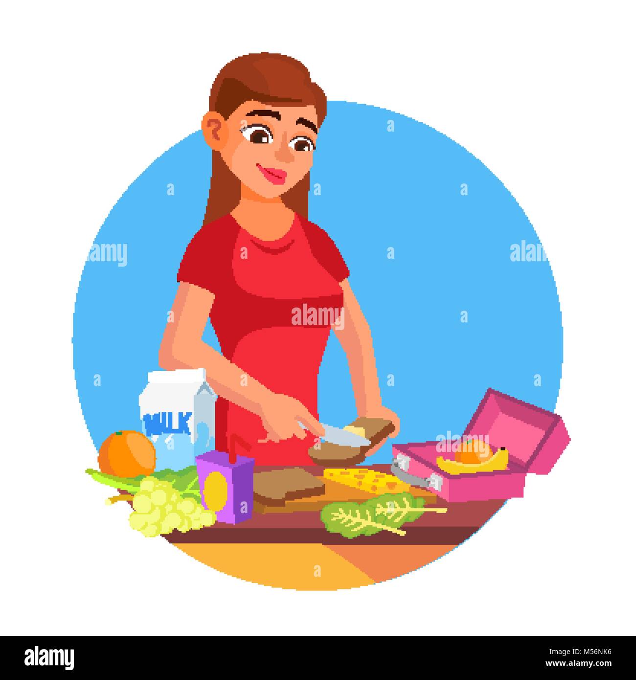 Lunch Box Vector. Young Woman Making Lunch In The Morning. Mother Making  Breakfast For Children. Healthy Food. Isolated Flat Cartoon Character  Illustr Stock Vector Image & Art - Alamy