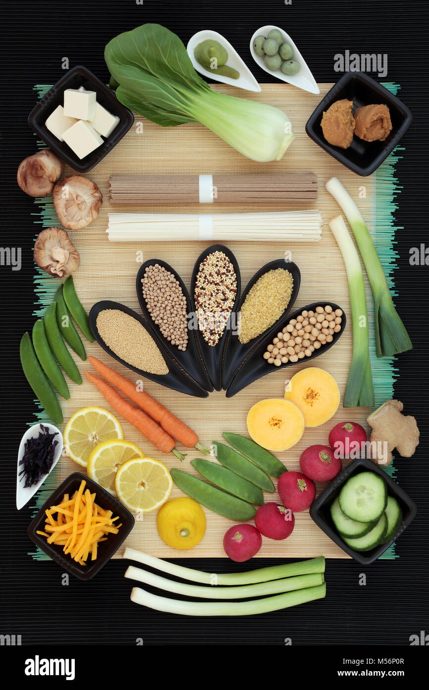 Macrobiotic diet health food with soba and udon noodles, grains ...