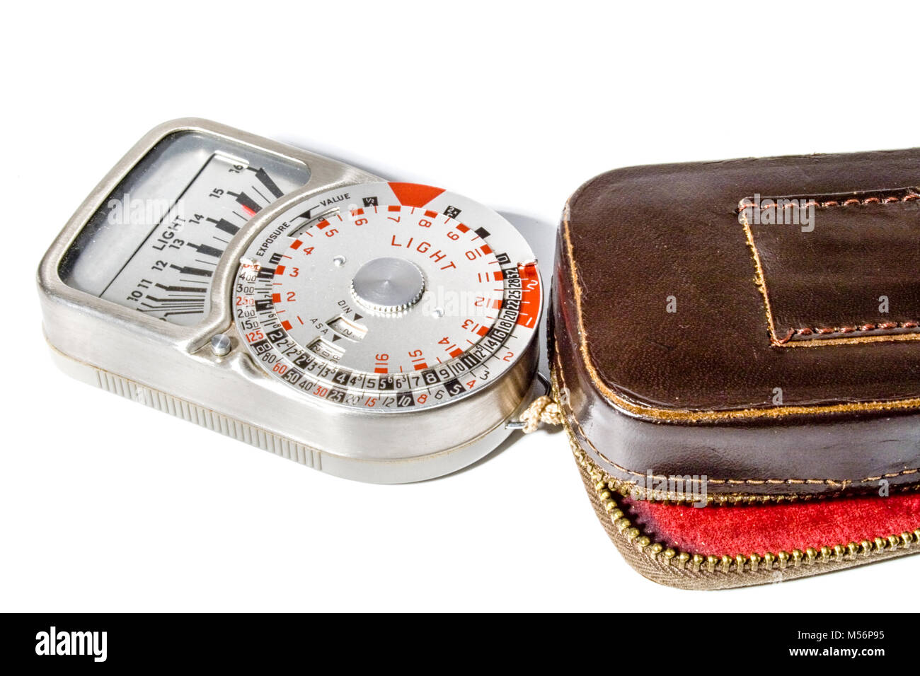 professional vintage light meter with brown leather case Stock Photo