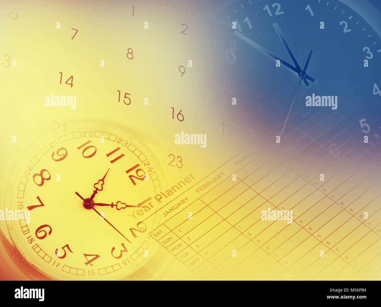 Clocks, calendar and year planner. Time management Stock Photo Alamy