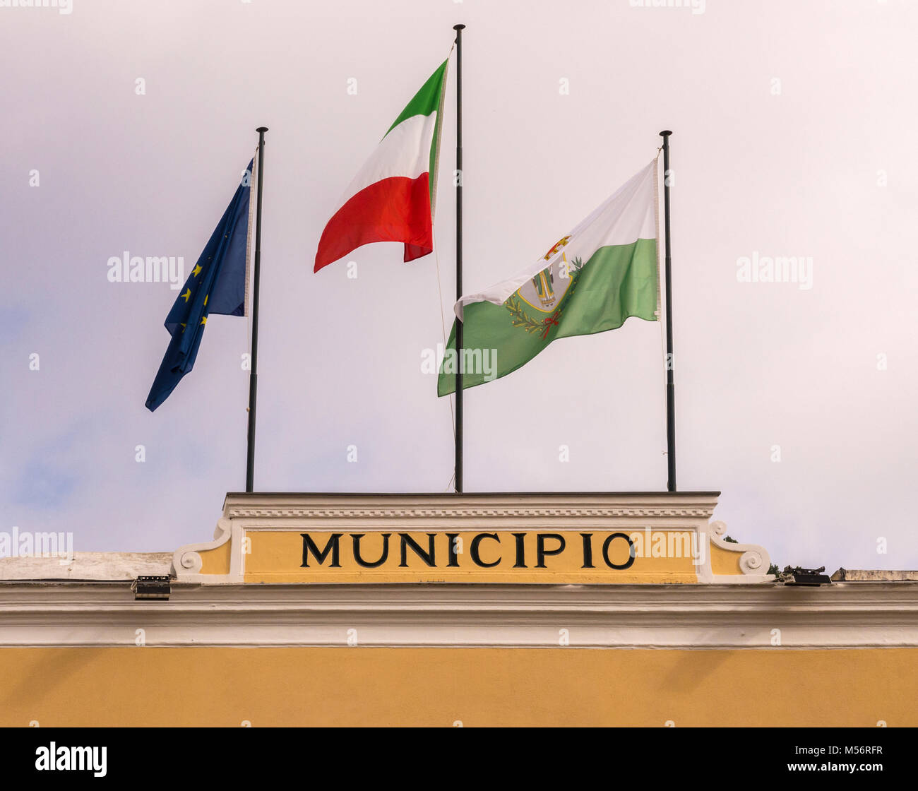 Municipio sign and flags, Piazza Umberto I Capri, Italy Stock Photo - Alamy