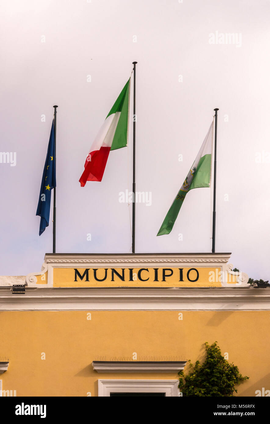 Municipio sign and flags, Piazza Umberto I Capri, Italy. Stock Photo
