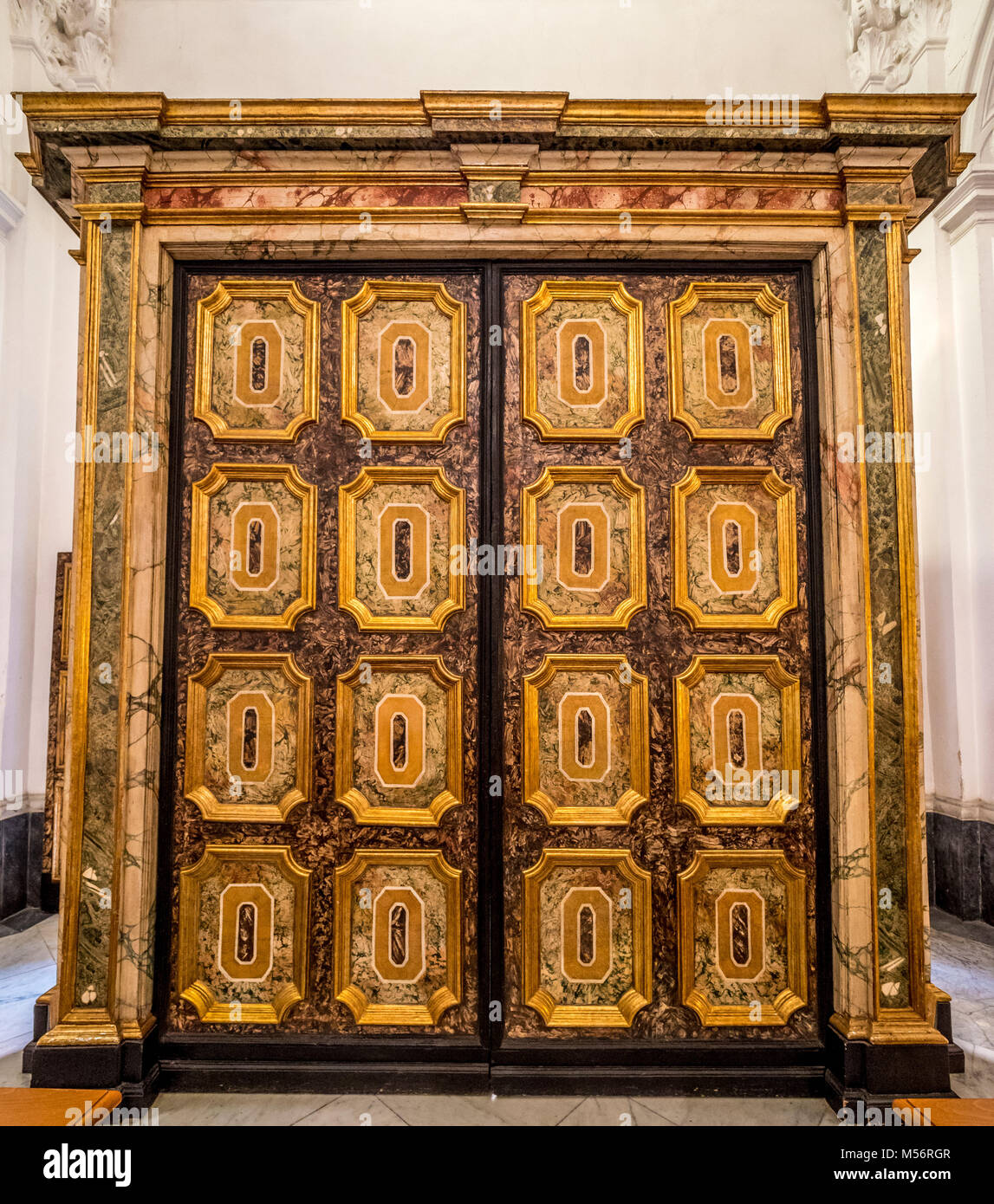 Ornate wood and marble paneling inside Santo Stefano Catholic church and former cathedral on the island of Capri, Italy. Stock Photo