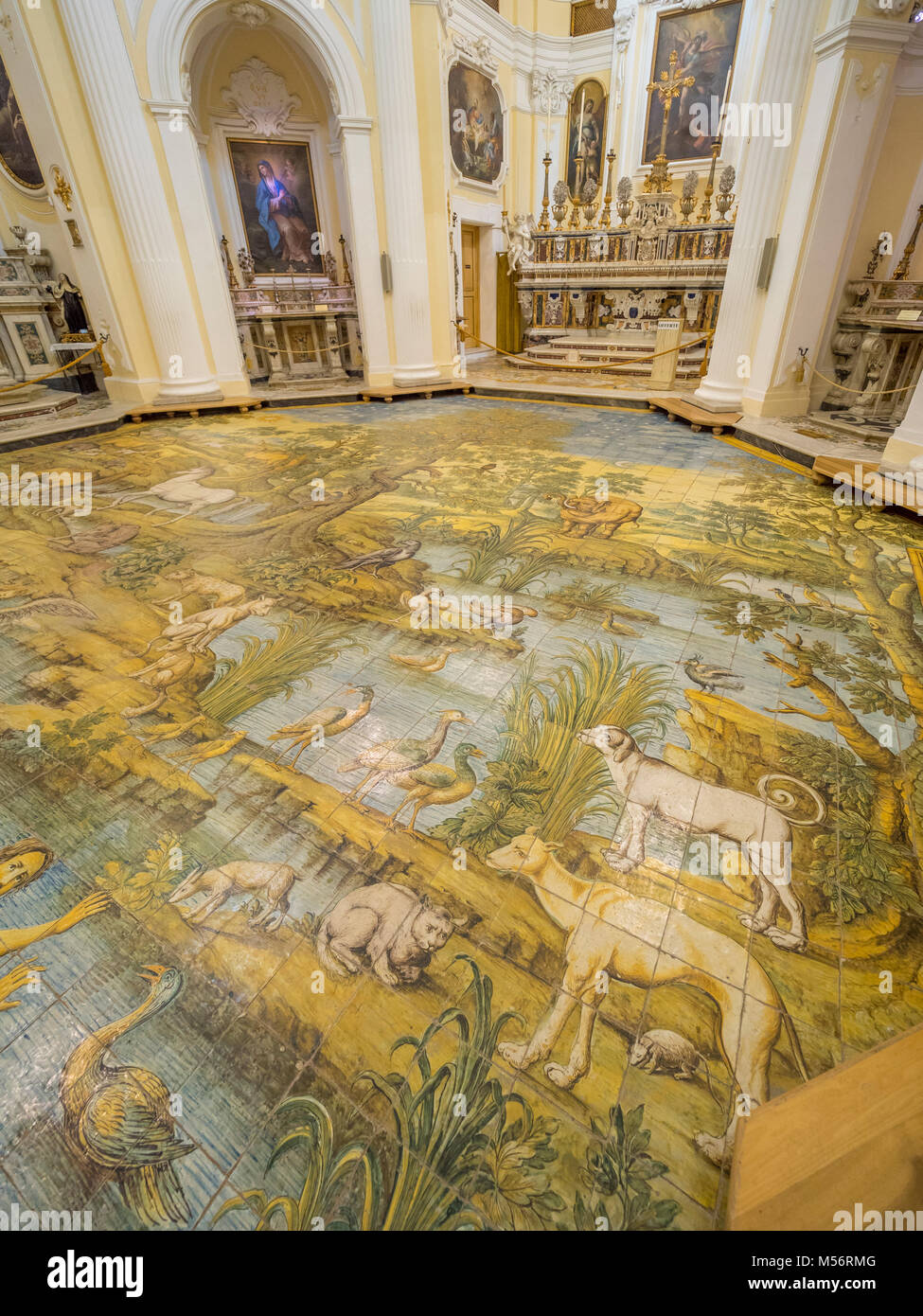Interior of THE SAINT MICHAEL CHURCH in Anacapri, The mosaic floor by Leonardo Chiaiese. Stock Photo