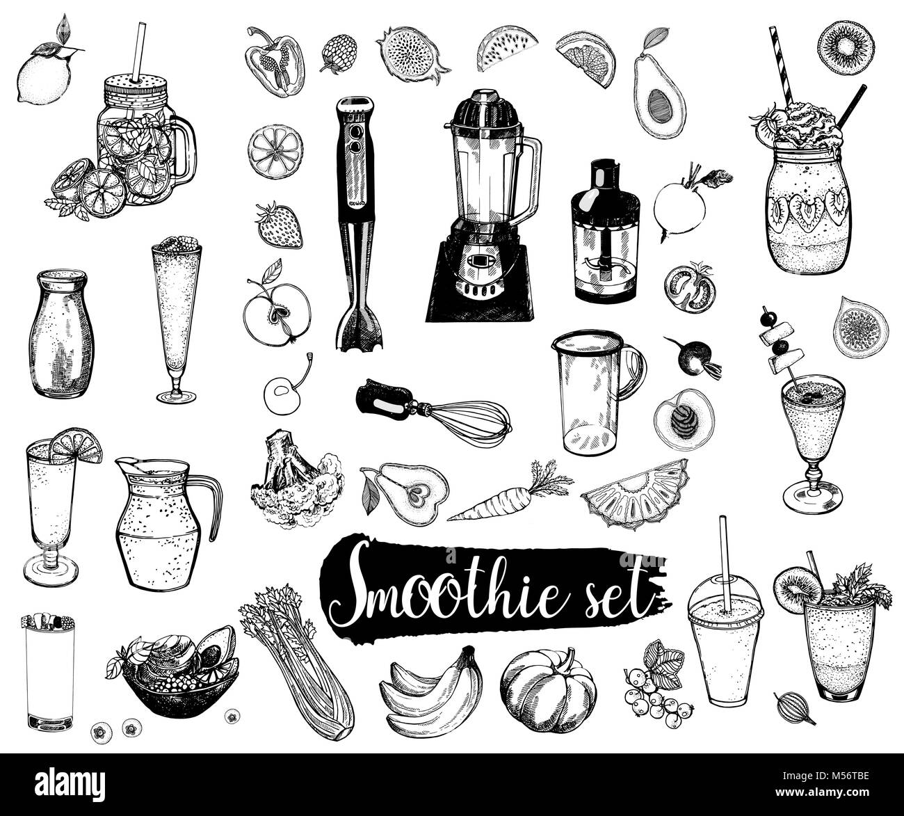 Set of hand drawn sketch style smoothie with fruits, vegetables and kitchenware. Isolated vector illustration. Stock Vector