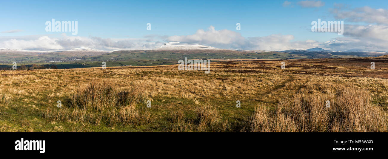 Panoramic image of the Yorkshire Dales Three Peaks seen from Burnmoor near Bentham with Whernside left, Ingleborough centre and Penyghent far right Stock Photo