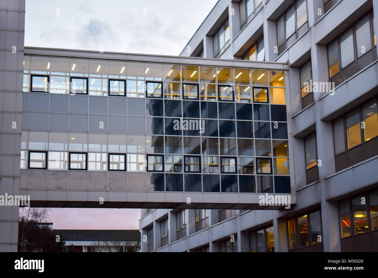 Library bridge, Main Library, University of Warwick, Coventry, United Kingdom. Completed 1965,Yorke Rosenberg Mardall; remodelled 2006 MJP Architects. Stock Photo