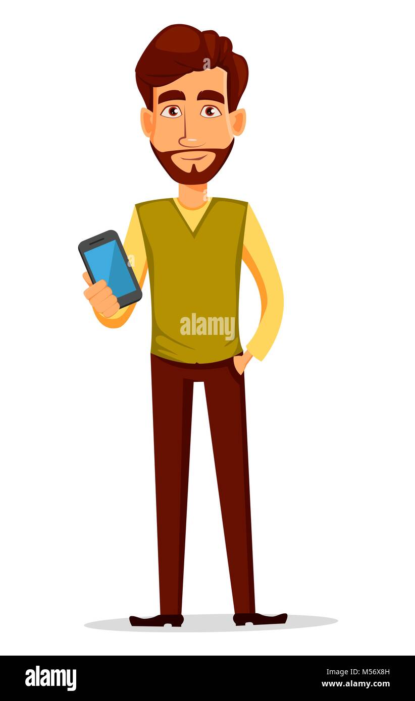 Business man with beard, cartoon character. Young handsome businessman in  smart casual clothes holding smartphone. Vector character illustration in  ca Stock Vector Image & Art - Alamy