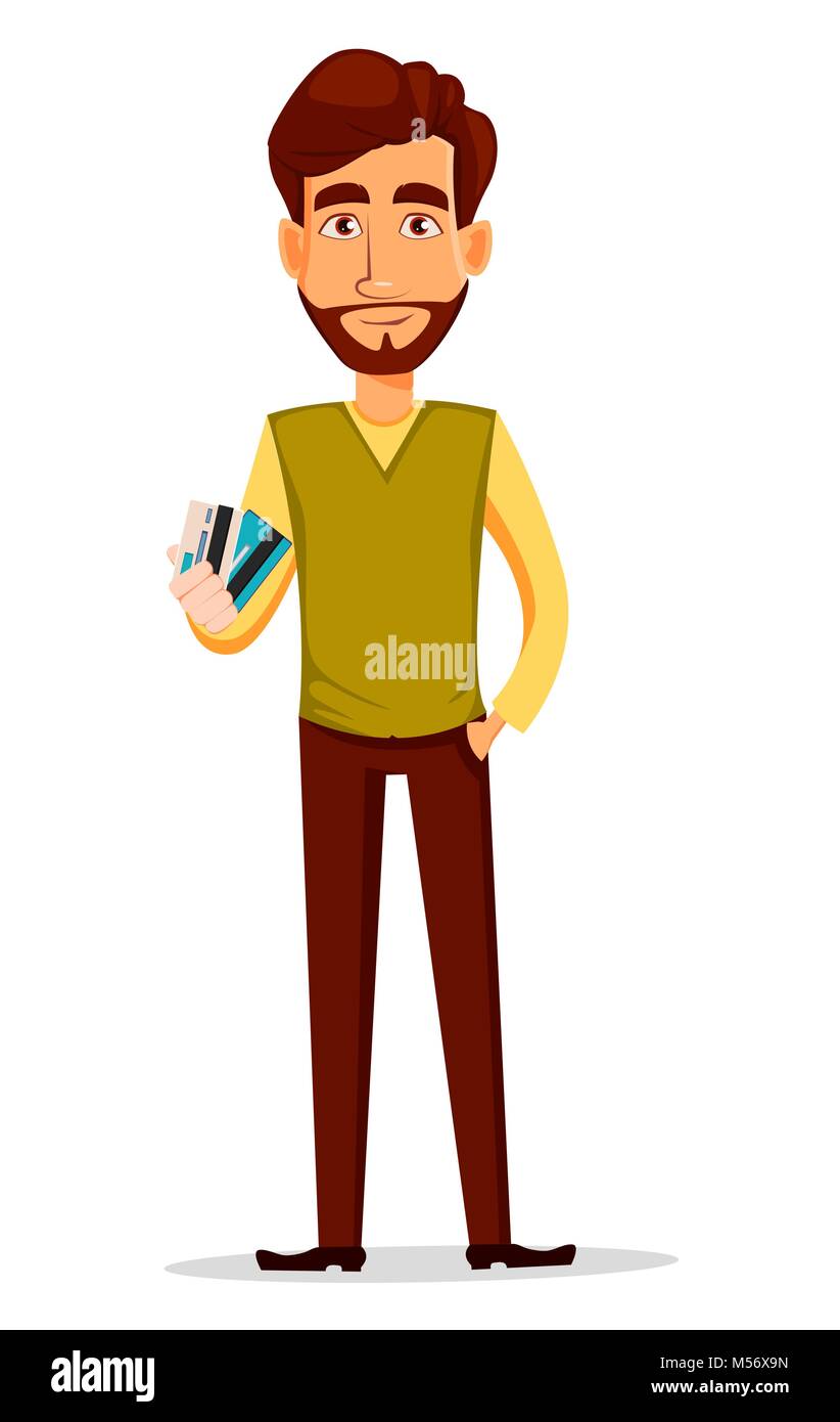 Business man with beard, cartoon character. Young handsome businessman in smart casual clothes holding credit cards. Vector character illustration in Stock Vector Image & Art - Alamy Business man with beard, cartoon character. Young handsome businessman in smart casual clothes holding credit cards. Vector character illustration in Stock Vector Image & Art - Alamy