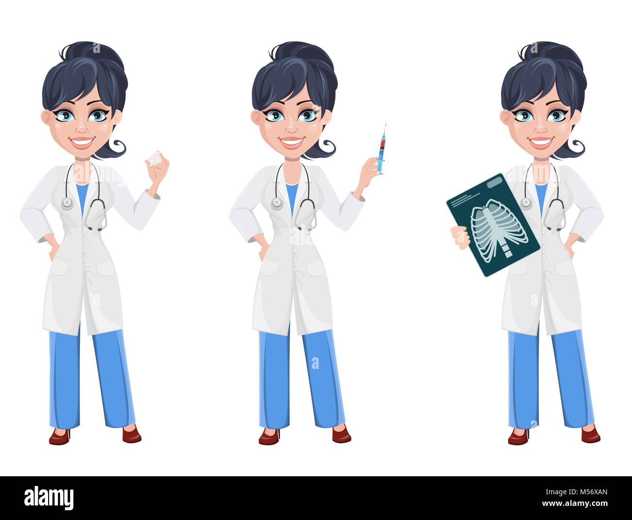 Doctor woman, professional medical staff. Beautiful cartoon character  medic. Set with tooth mode, with syringe and with x-ray image. Vector  illustrati Stock Vector Image & Art - Alamy