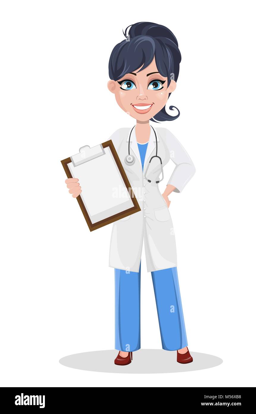 Doctor woman, professional medical staff. Beautiful cartoon character medic holding checklist. Vector illustration Stock Vector
