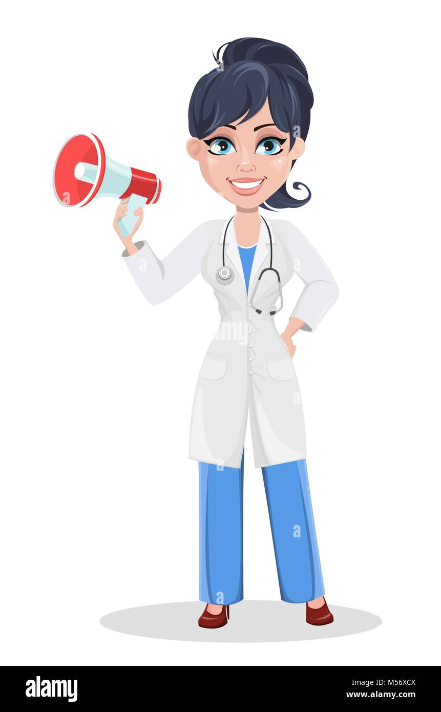 Doctor woman, professional medical staff. Beautiful cartoon character medic holding loudspeaker. Vector illustration Stock Vector