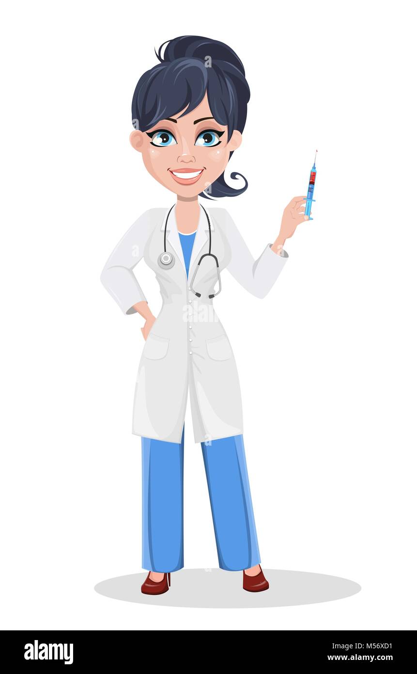 Doctor woman, professional medical staff. Beautiful cartoon character medic holding syringe. Vector illustration Stock Vector