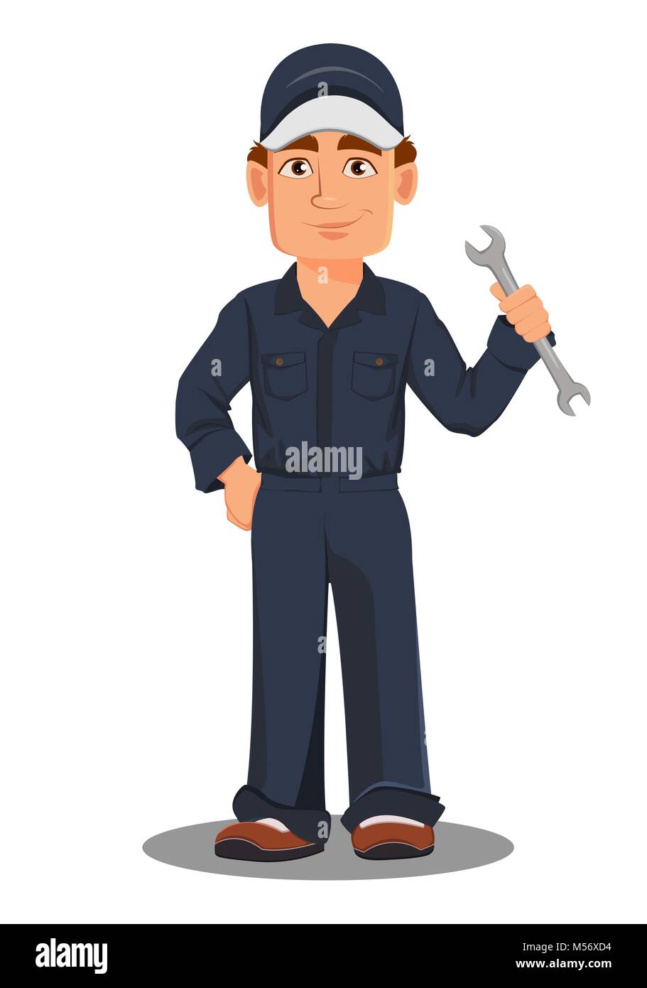 Professional auto mechanic in uniform. Smiling cartoon character holding wrench. Expert service worker. Vector illustration Stock Vector