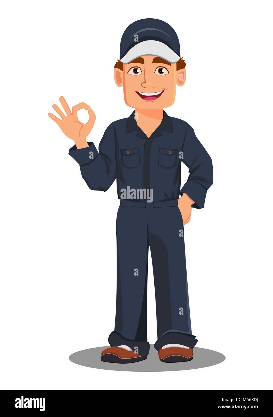 Professional auto mechanic in uniform. Smiling cartoon character showing ok sign. Expert service worker. Vector illustration Stock Vector