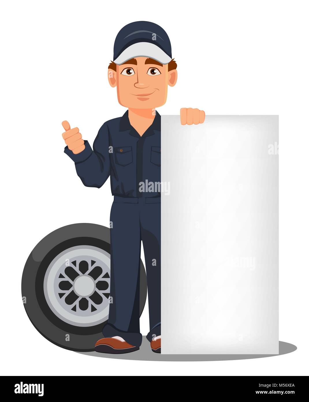 Professional auto mechanic in uniform. Smiling cartoon character standing  near blank placard and car wheel. Expert service worker. Vector  illustration Stock Vector Image & Art - Alamy