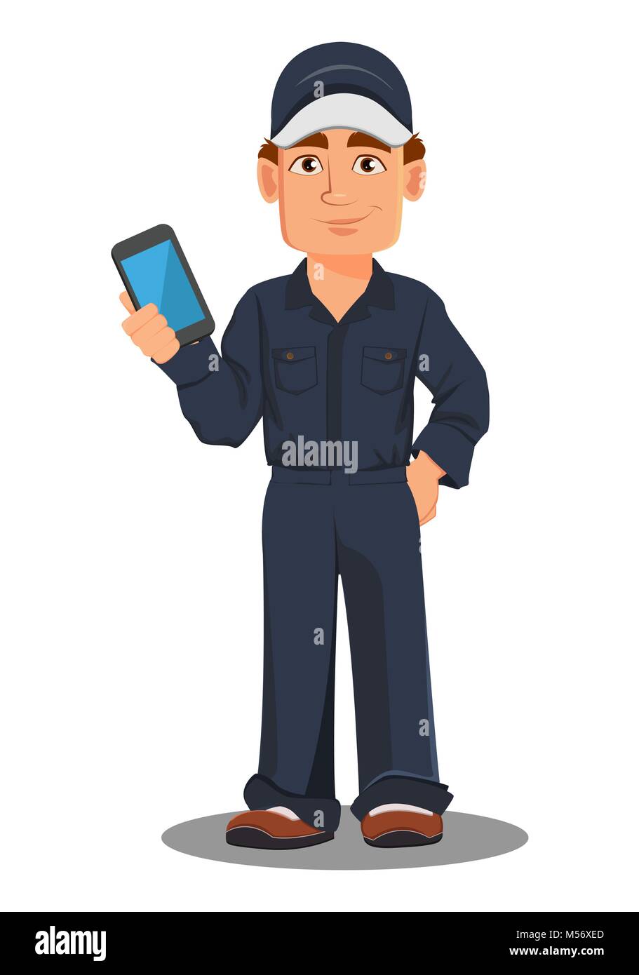 Professional auto mechanic in uniform. Smiling cartoon character holding smartphone. Expert service worker. Vector illustration Stock Vector