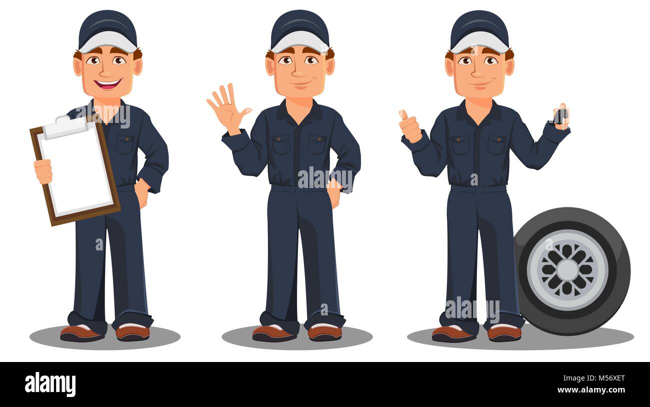 Professional auto mechanic in uniform. Smiling cartoon character, set with  checklist, car wheel and keys. Expert service worker. Vector illustration  Stock Vector Image & Art - Alamy