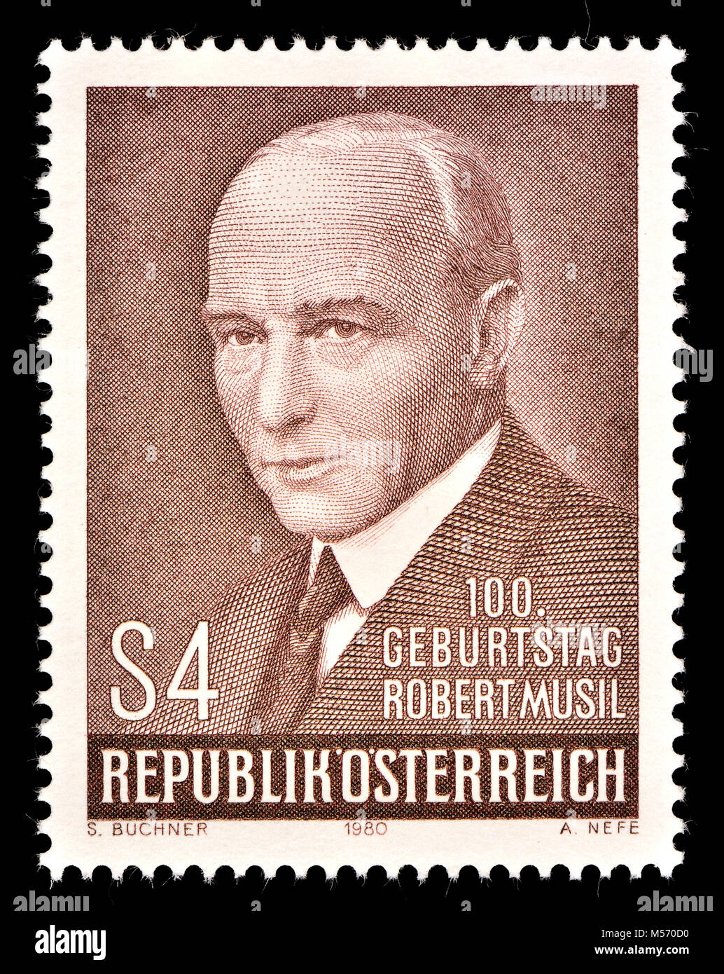 Austrian postage stamp (1980) : Robert Musil (1880 – 1942) Austrian philosophical writer. Author of Der Mann ohne Eigenschaften  / The Man Without Qua Stock Photo