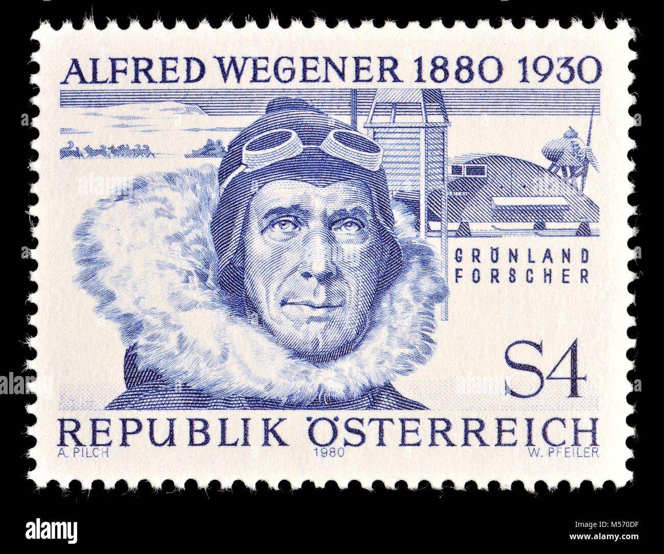 Austrian postage stamp (1980) : Alfred Lothar Wegener (1880 – 1930) German polar researcher, geophysicist and meteorologist. Stock Photo