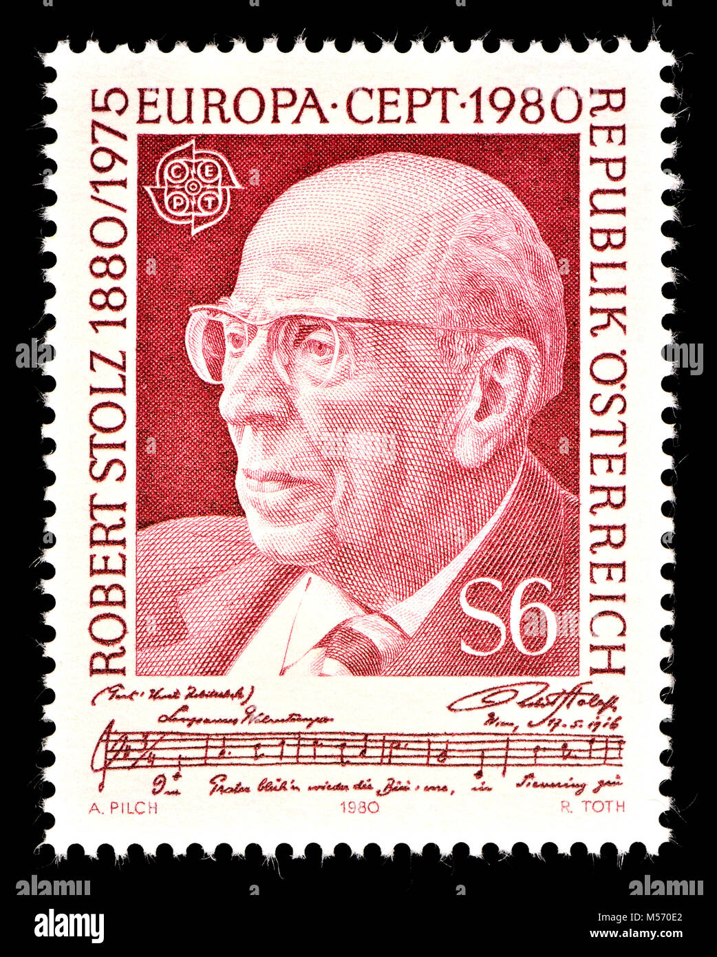 Austrian postage stamp (1980) : Robert Elisabeth Stolz (1880 – 1975) Austrian songwriter and conductor, composer of operettas and film music Stock Photo