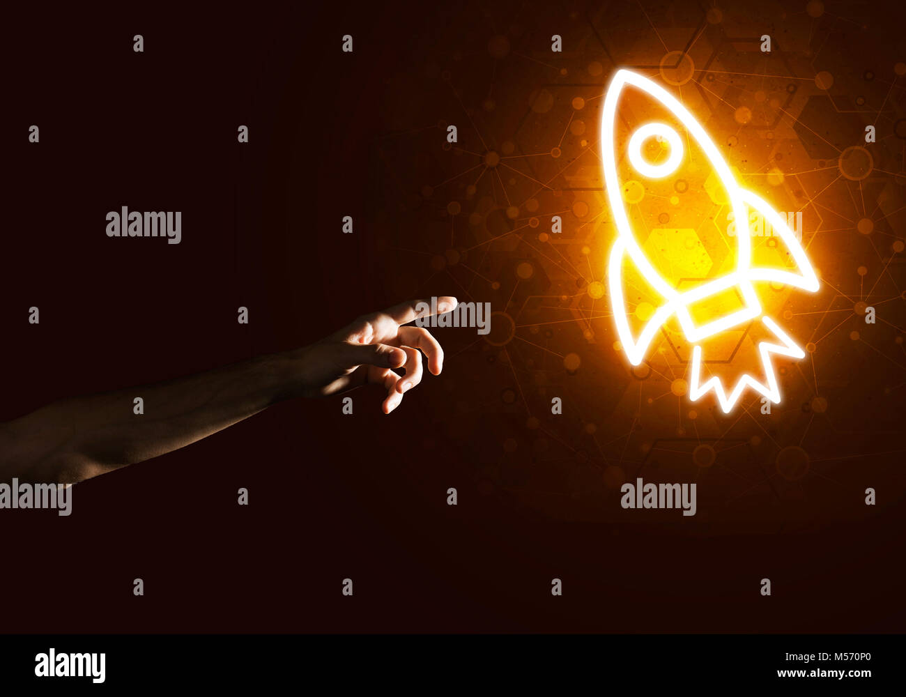 Man palm presenting Rocket web icon as technology concept Stock Photo ...