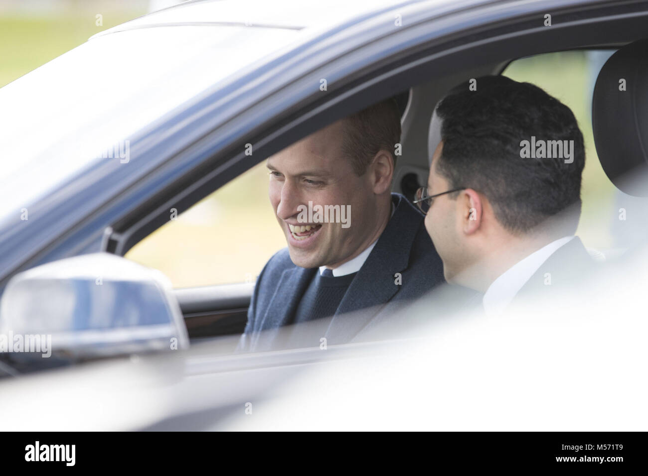 The Duke of Cambridge inside a ClearMotion BMW vehicle at the MIRA Technology Park in Nuneaton, Warwickshire, which supplies pioneering engineering, research and test services to the transport industry. MIRA was formerly known as the Motor Industry Research Association. Stock Photo