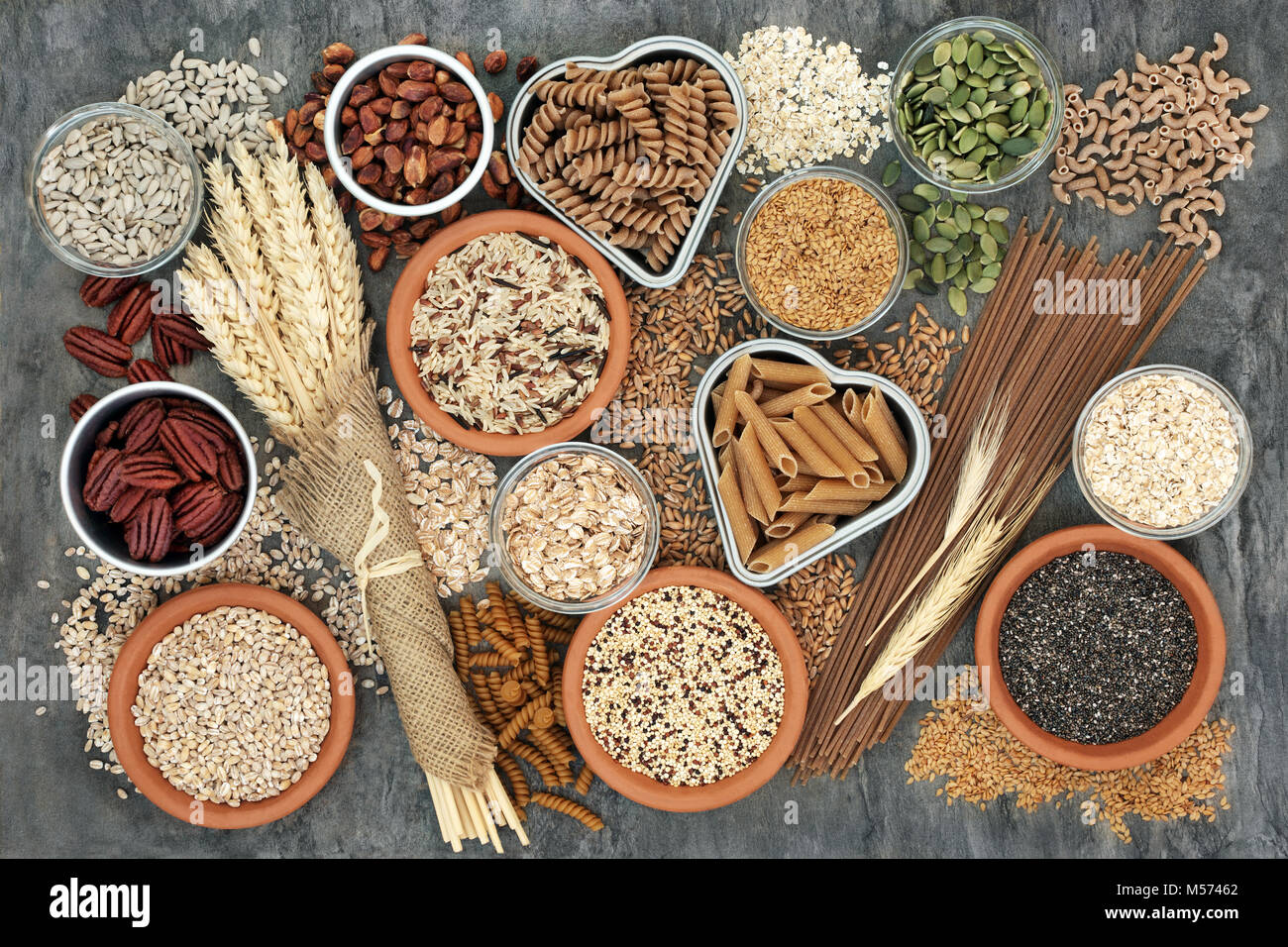 High fiber healthy food concept with fresh whole wheat pasta, cereals