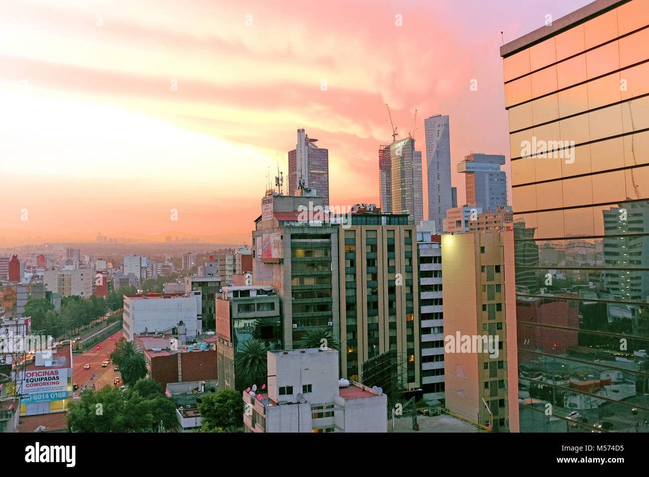 Sunset from the Zona Rosa neighborhood in Mexico City, Mexico Stock Photo