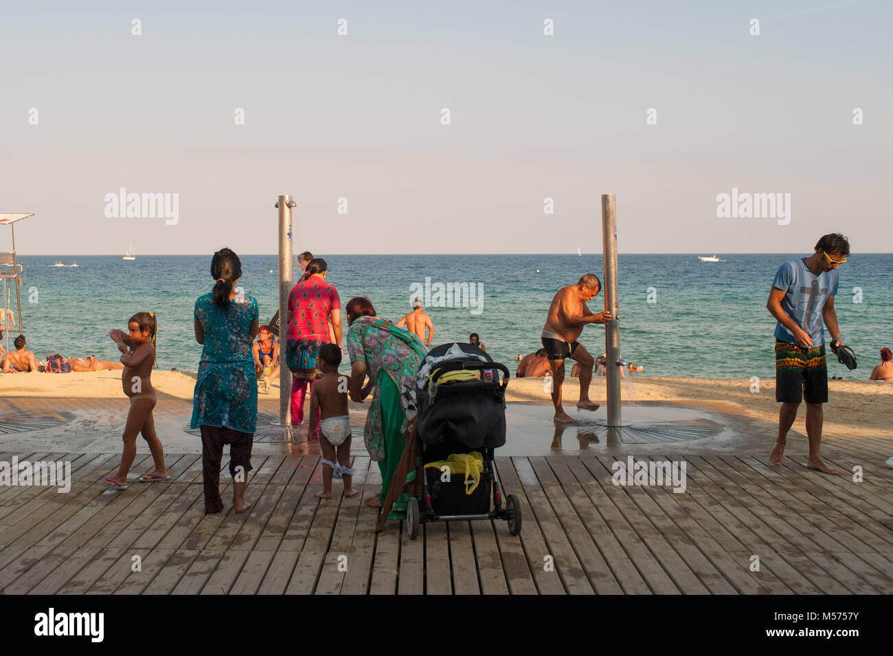 Barcelona Catalonia Spain Barceloneta Beach Bathers Take