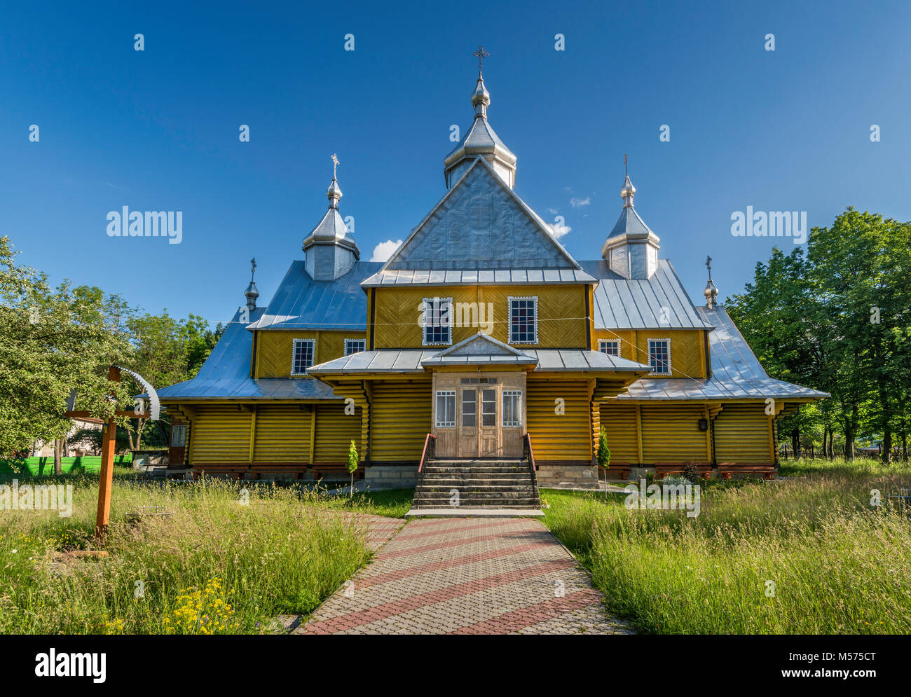 Greek Catholic Church, covered with sheet metal plating, in town of Verkhovyna, Carpathian Mountains, Hutsul Region, Pokuttya, Ukraine Stock Photo