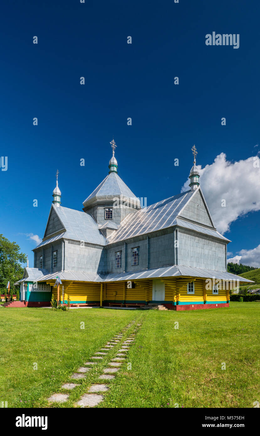 Greek Catholic Church, covered with sheet metal plating, in village of Iltsi near Verkhovyna, Carpathian Mountains, Hutsul Region, Pokuttya, Ukraine Stock Photo