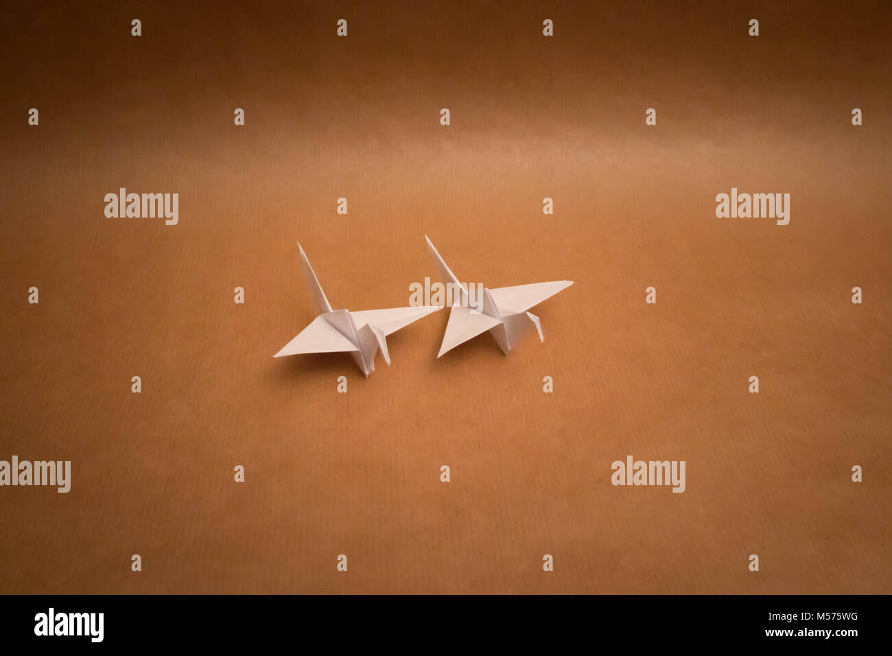 two 2  white bird origami brown background Stock Photo