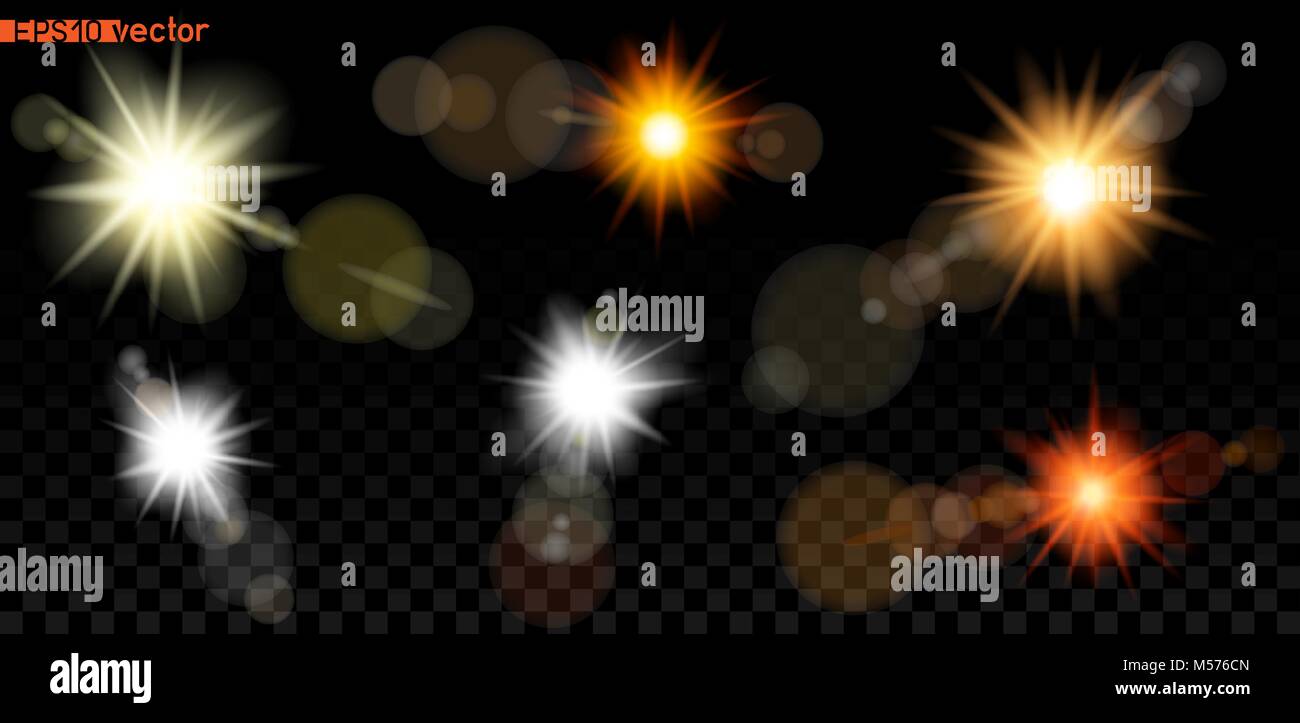 Big set of sun or lamp bokeh light lens template on dark ...