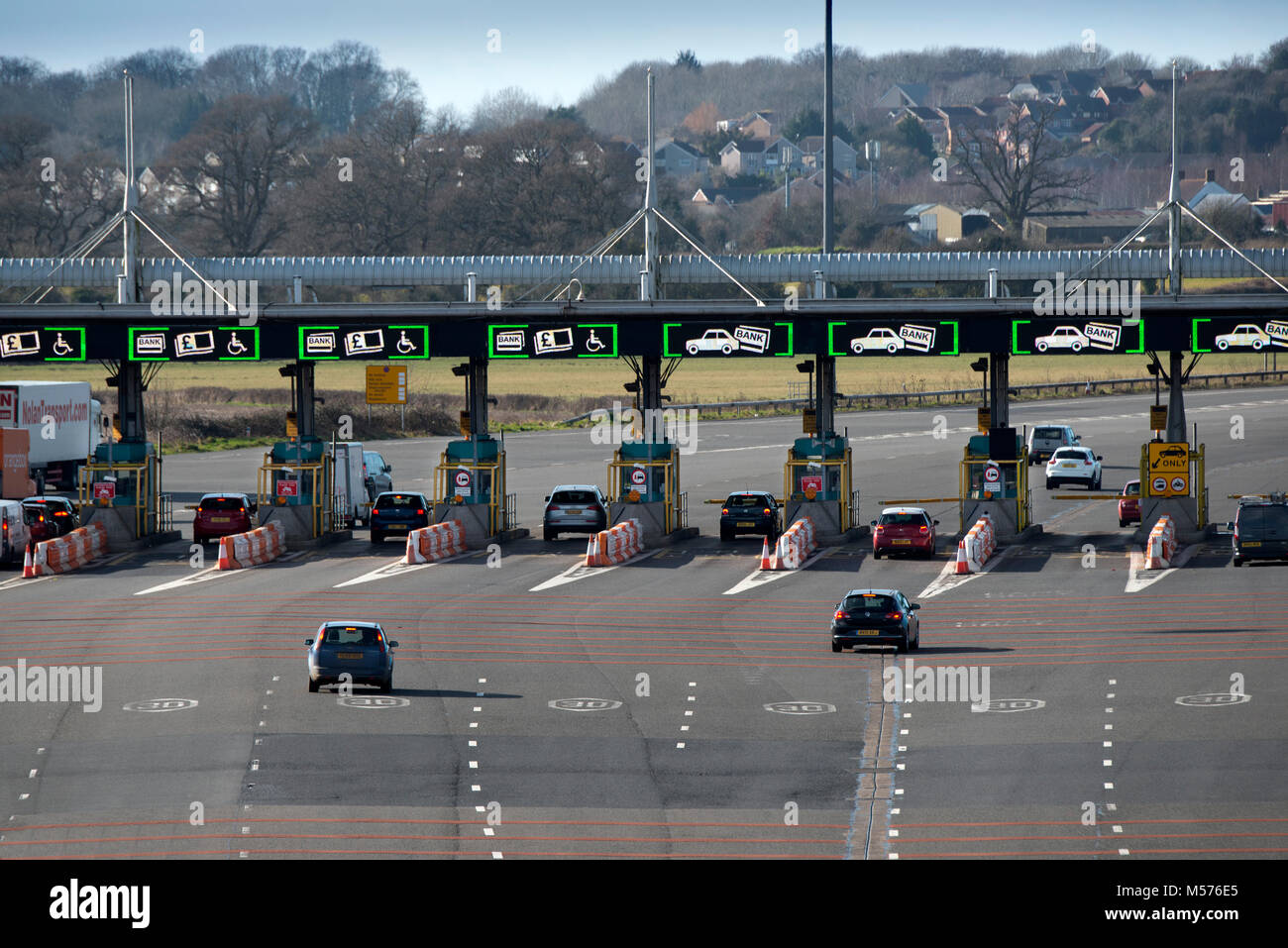 The toll booths on the Second Severn Crossing, also called the Severn Bridge and SSC, the bridge on the M4 motorway joining England & Wales Stock Photo