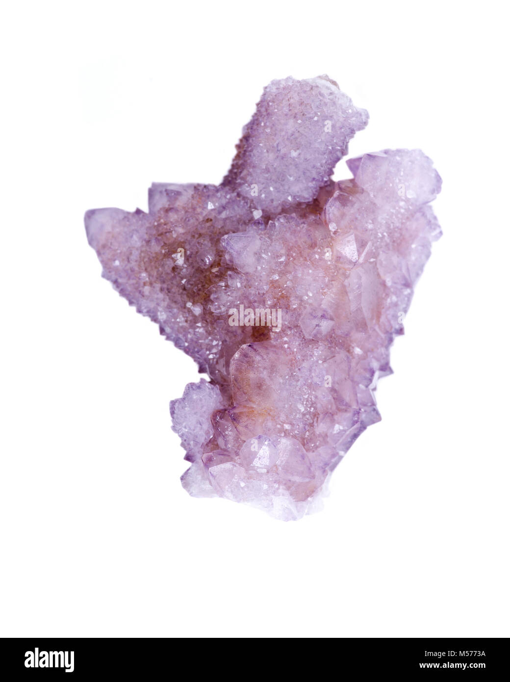 Pretty Sparkle Amethyst Spirit Quartz cluster from South Africa, isolated on white background Stock Photo