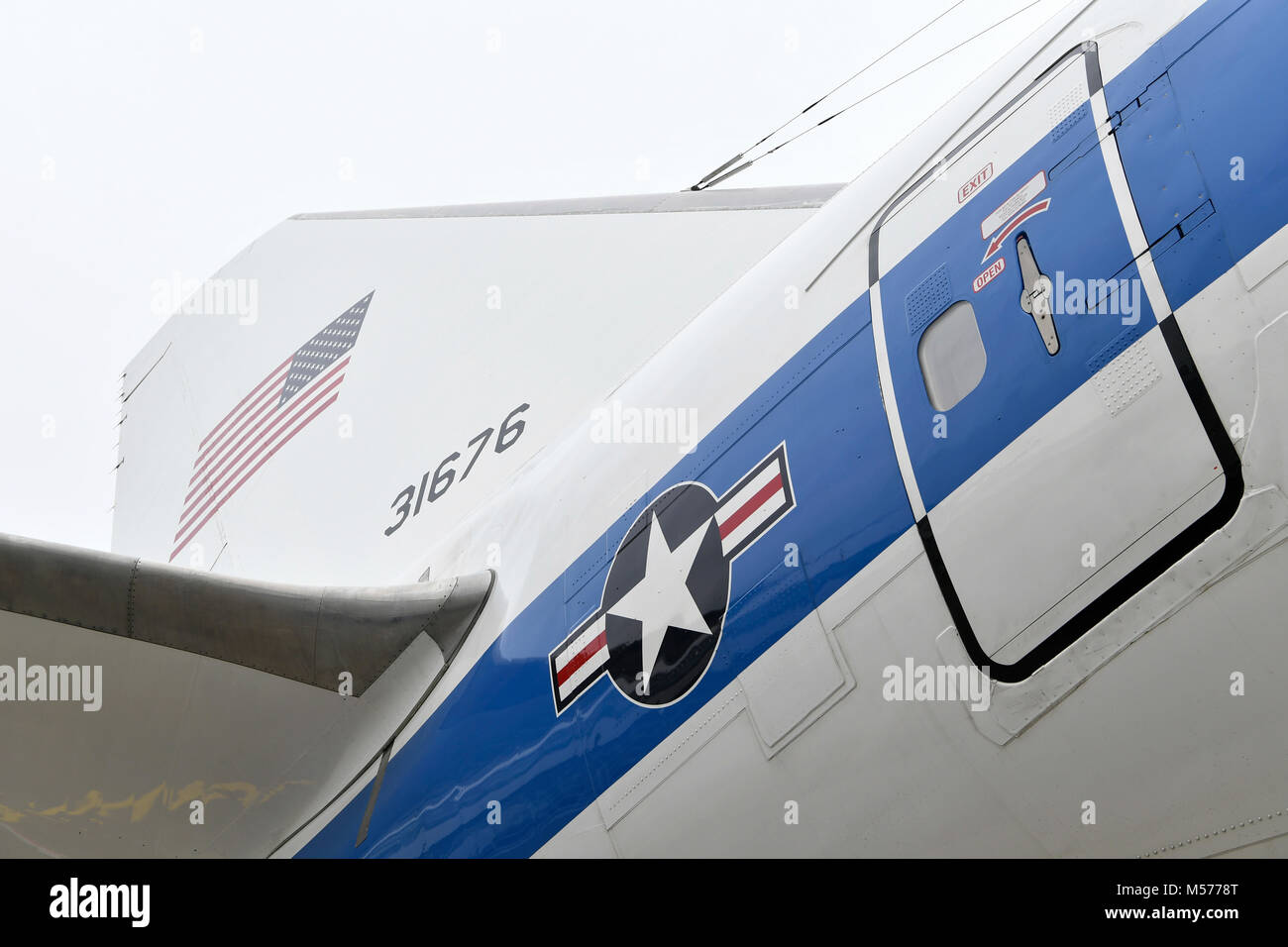 fin, rudder, wing, flap, detail, USA, USAF, United States of America, Boeing, B747, B4-E, Air Force, Munich Security Conference, Airport, Munich, MUC Stock Photo