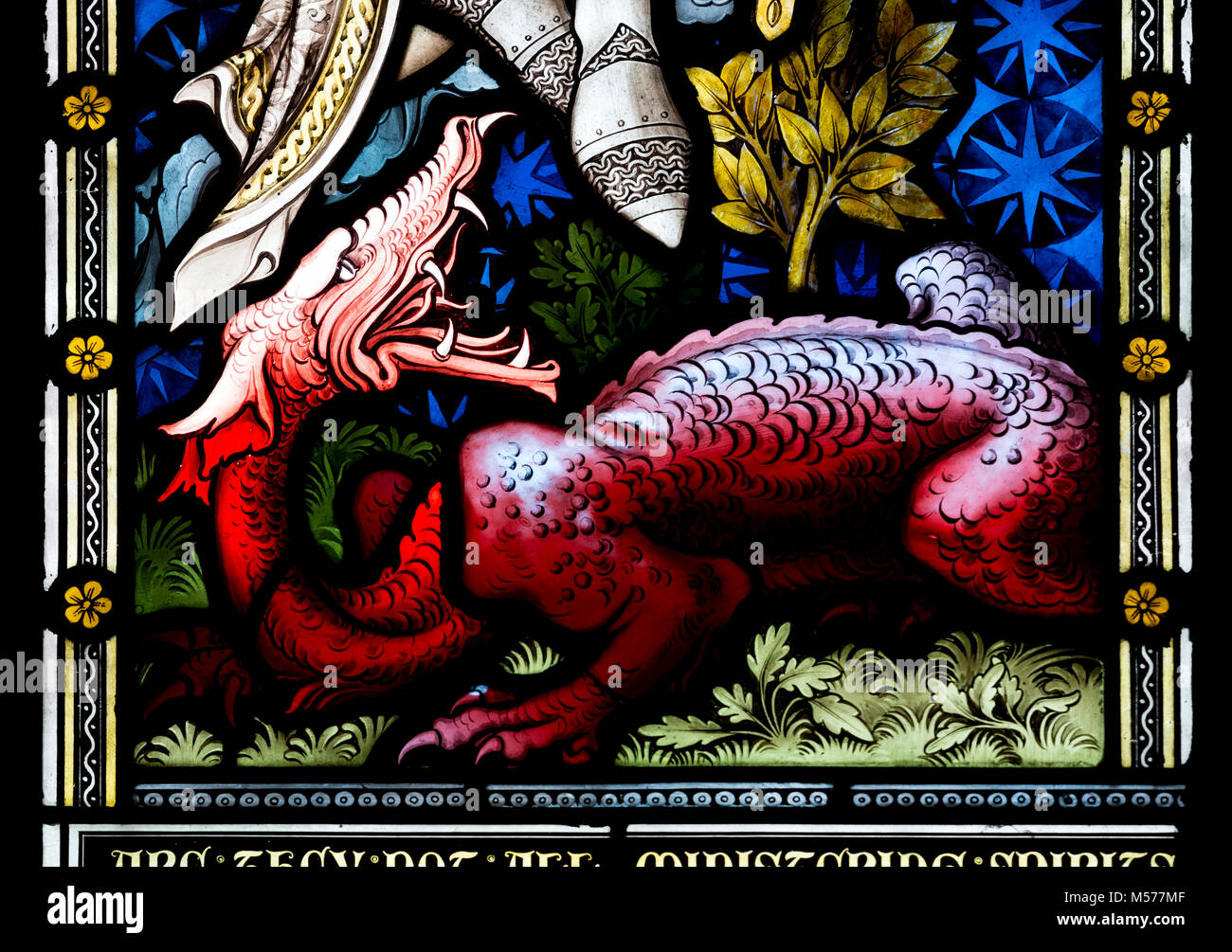 Red dragon stained glass, St James Church, Ramsden, Oxfordshire, England, UK Stock Photo