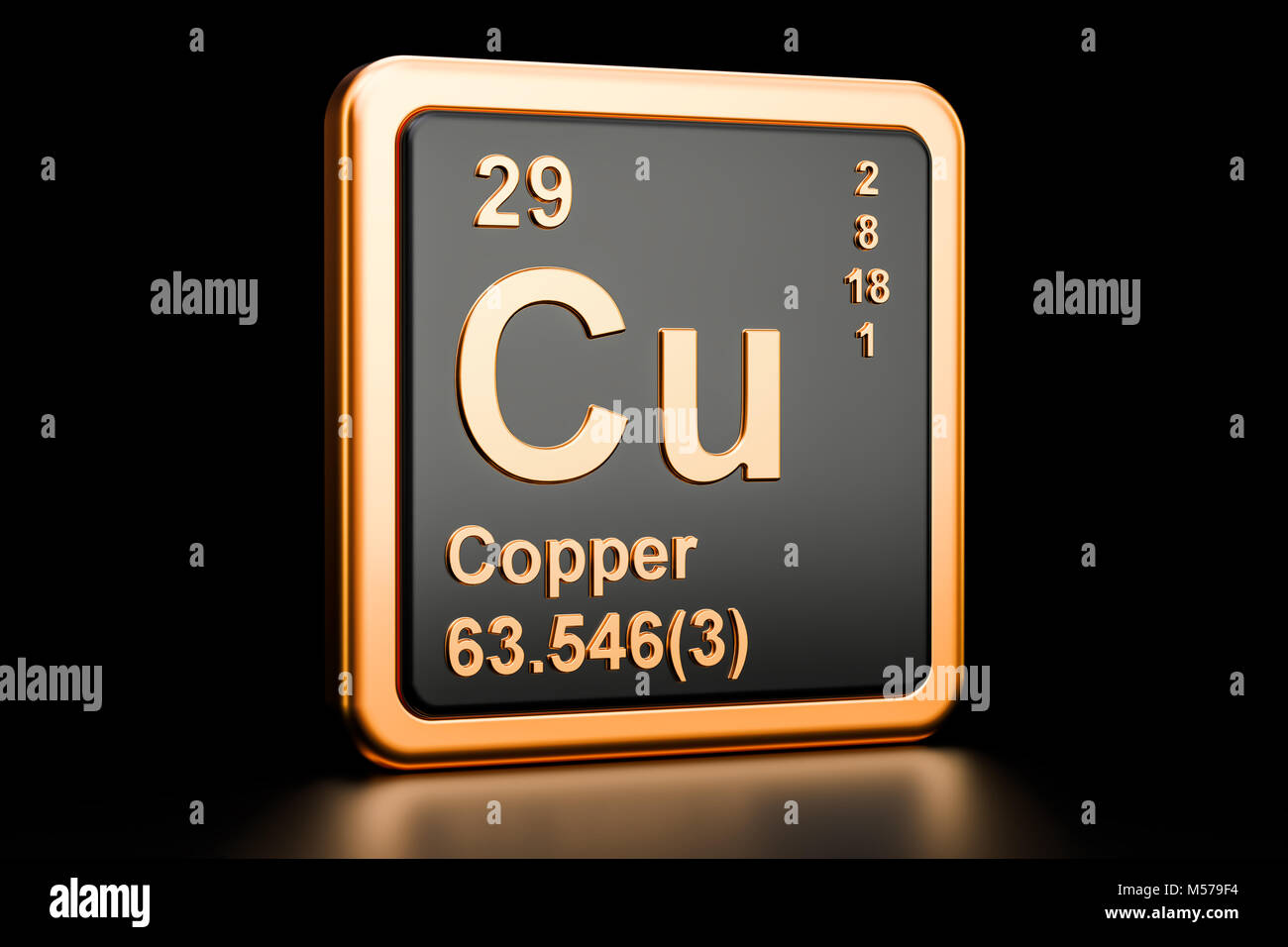 Copper Cu, chemical element. 3D rendering isolated on black background Stock Photo