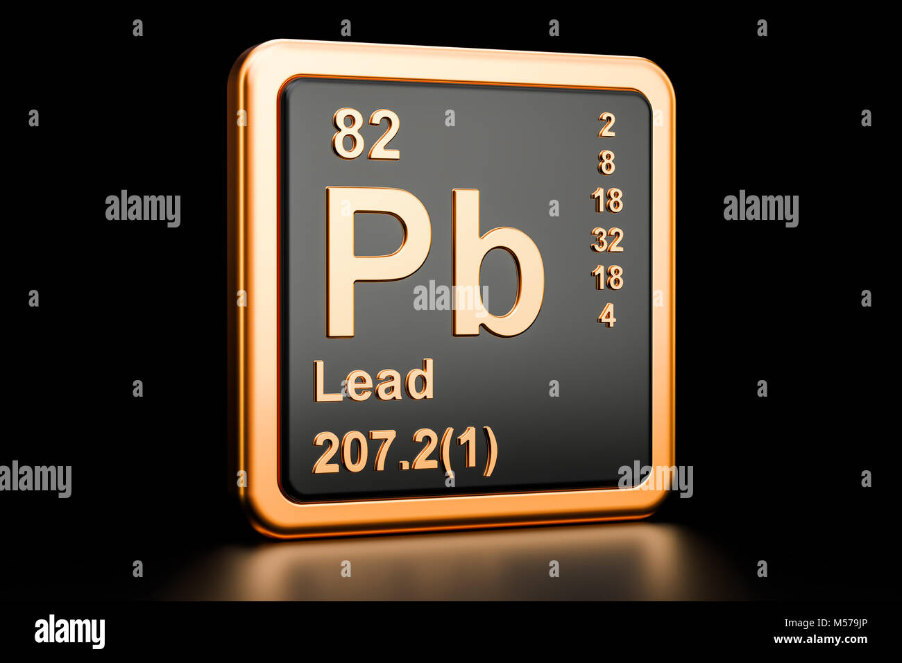 Lead plumbum Pb, chemical element. 3D rendering isolated on black