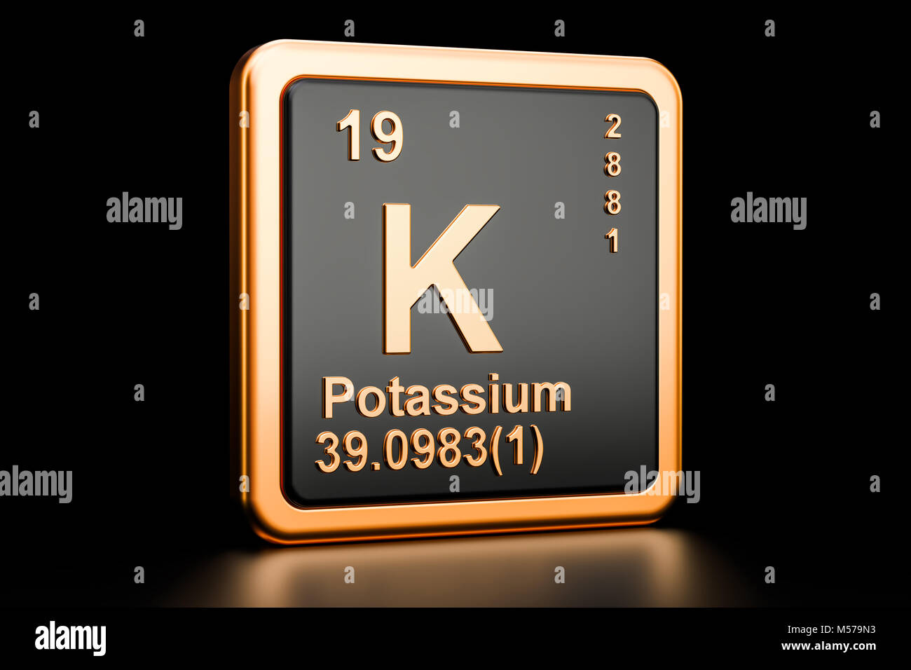 Potassium, K chemical element. 3D rendering isolated on black