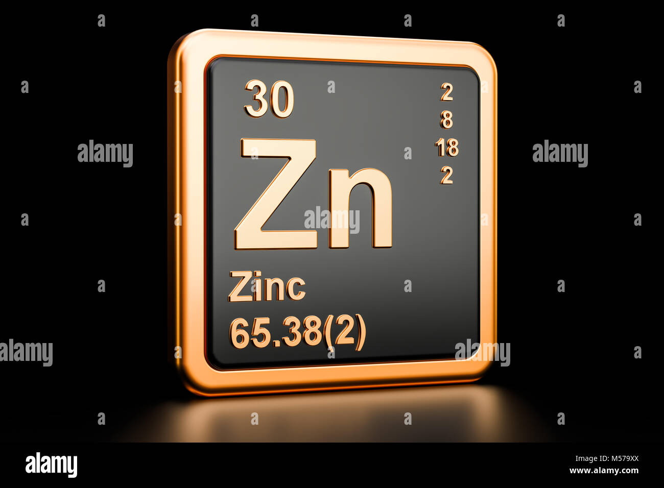 Zinc Zn, chemical element. 3D rendering isolated on black background ...