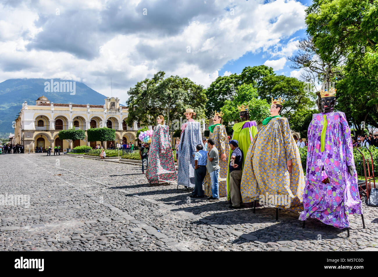 Antigua, Guatemala -  July 25, 2017: Traditional giant folk dancing puppets called gigantes on St Jame's Day, Antigua's patron saint day Stock Photo