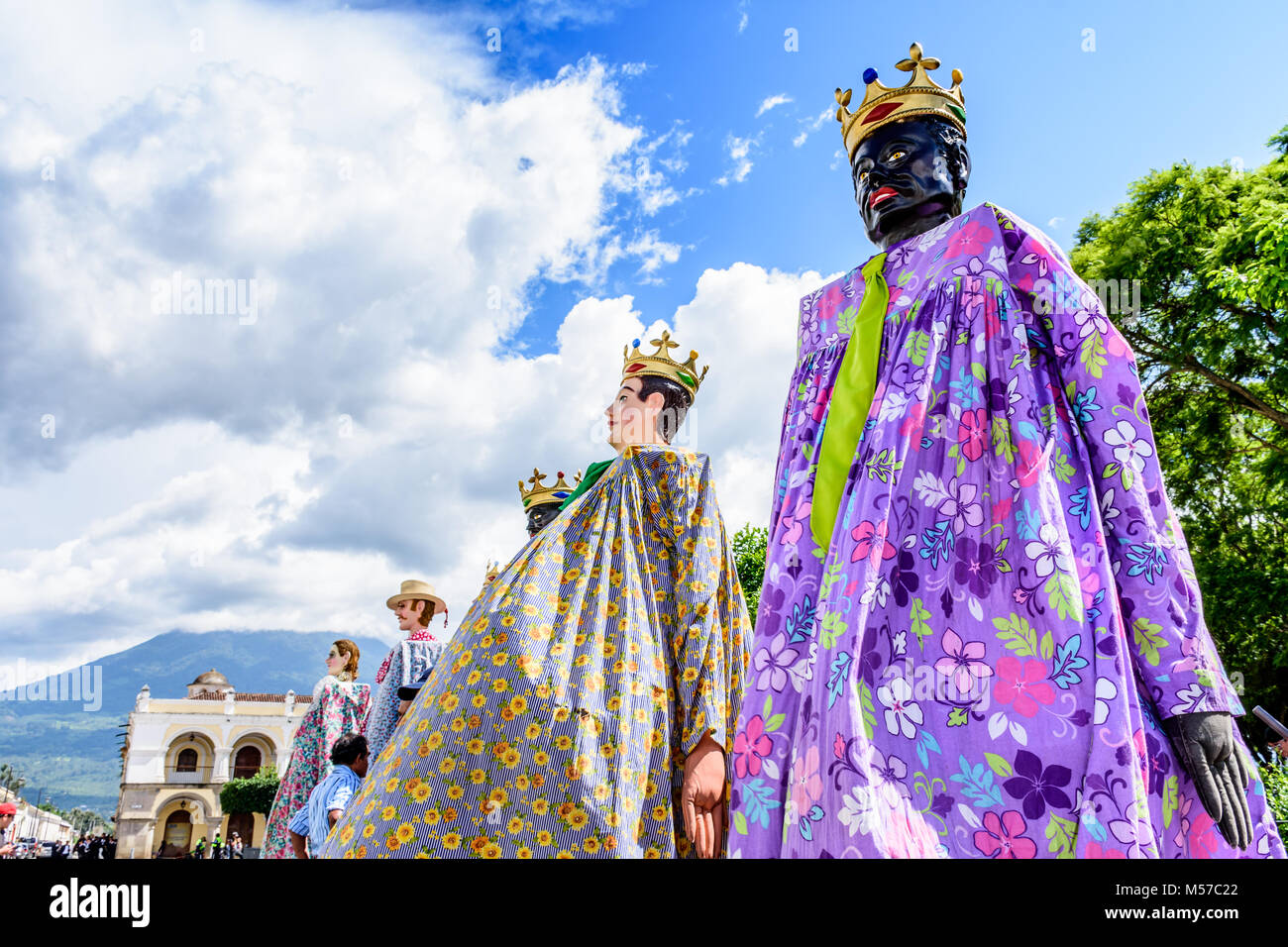 Antigua, Guatemala -  July 25, 2017: Traditional giant folk dancing puppets called gigantes on St Jame's Day, Antigua's patron saint day Stock Photo