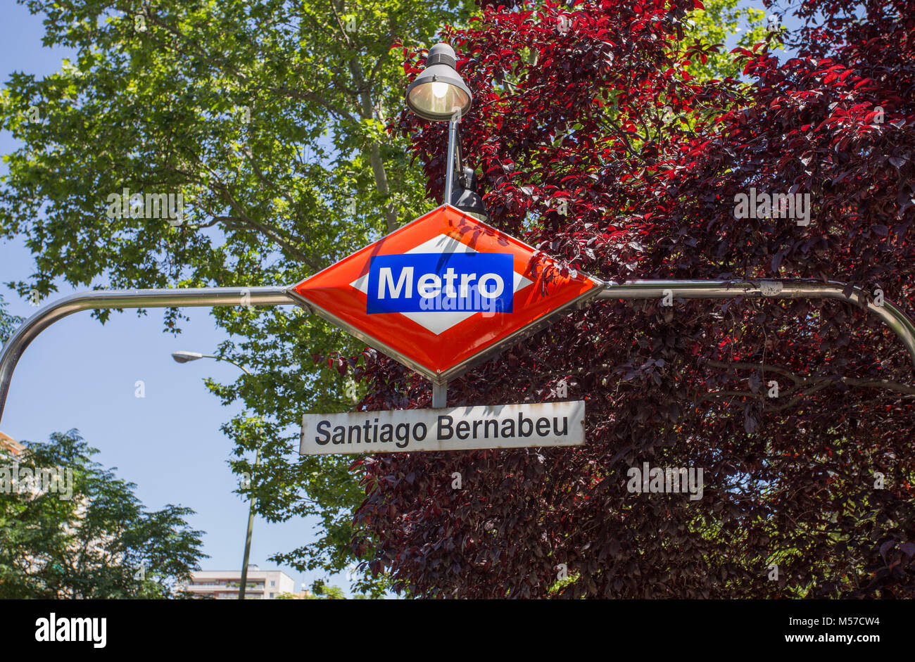 MADRID, SPAIN - JUNE 25, 2016 - Santiago Bernabeu metro station sign, Madrid, Spain Stock Photo
