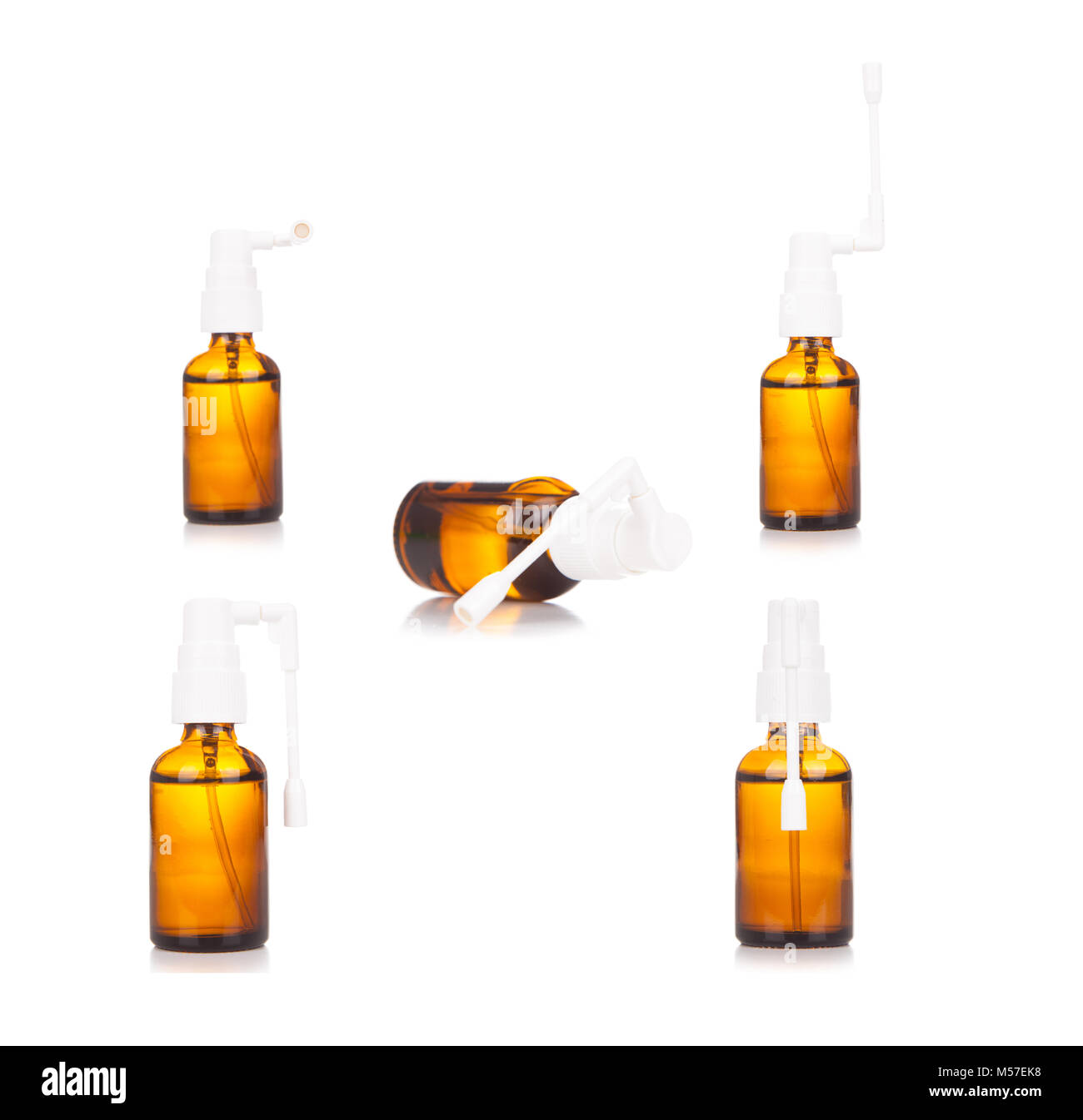 Pharmacy. Throat spray medication in glass bottle isolated on white