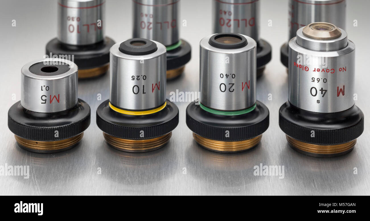 Nikon vintage microscope objectives, M type for surface observation, metalurgy Stock Photo