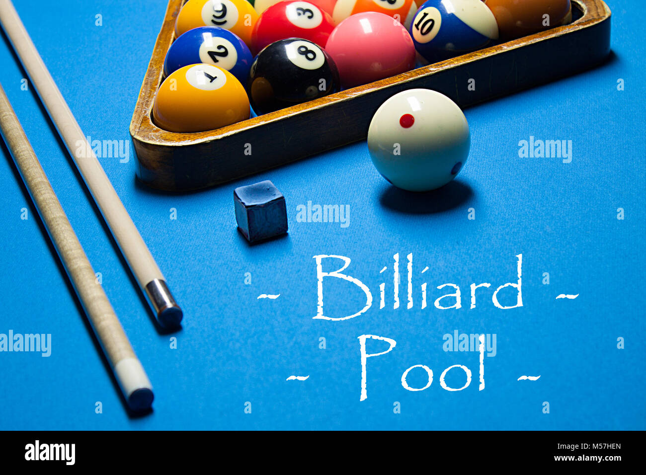 Image of billiard balls, cue and chalk on blue table Stock Photo Alamy
