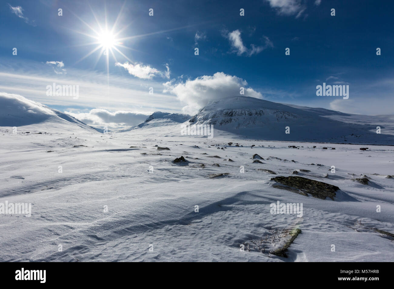 Mountain landscape and mountains in the snow,Tjäktja Pass,Kungsleden or king's trail,Province of Lapland,Sweden Stock Photo